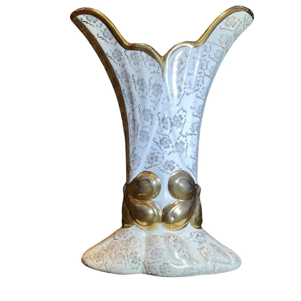 Chic Pottery Vase‎ Four Leaf Clover Gold Gilt Floral Zanesville Ohio 11.5